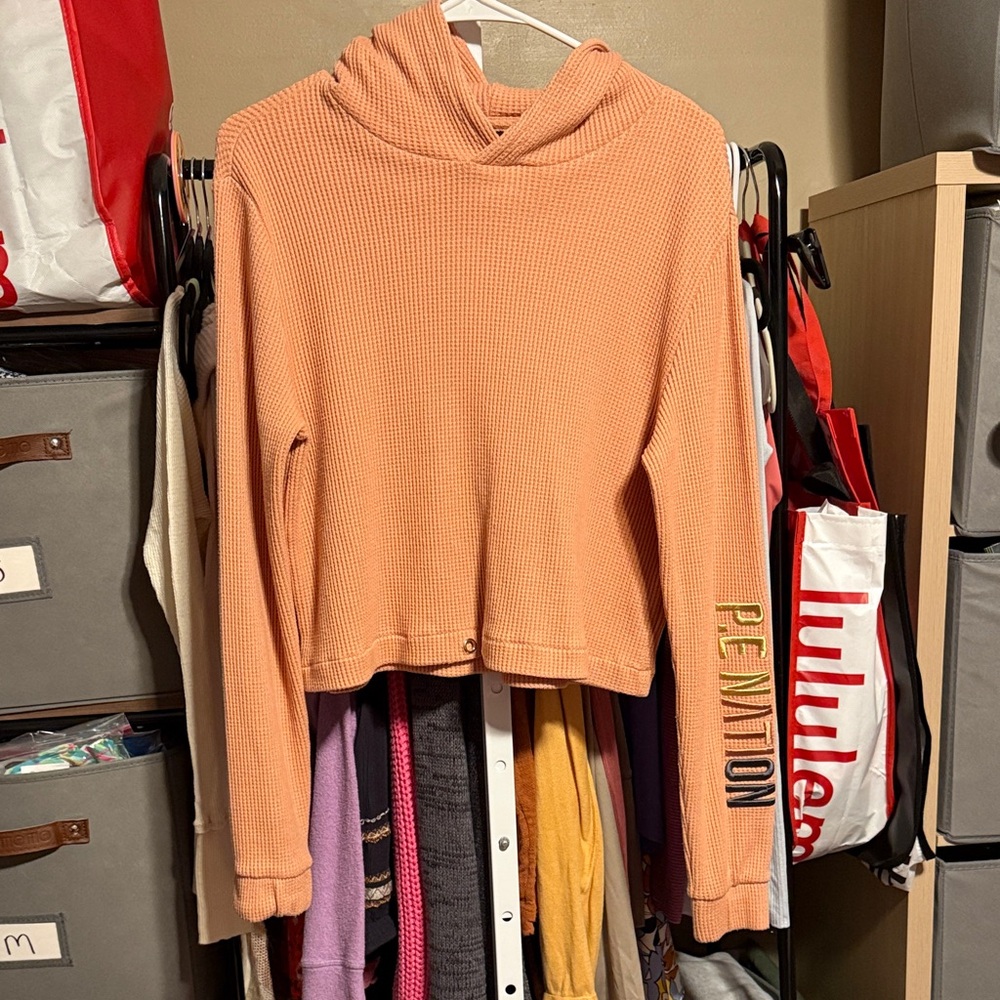 PE Nation Oversized Rebound Hoodie Waffle Knit Sweatshirt Sz XS Coral
